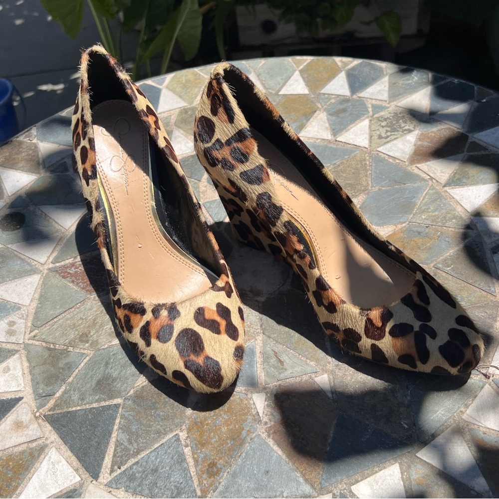 Jessica simpson pony hair leopard print wedges
